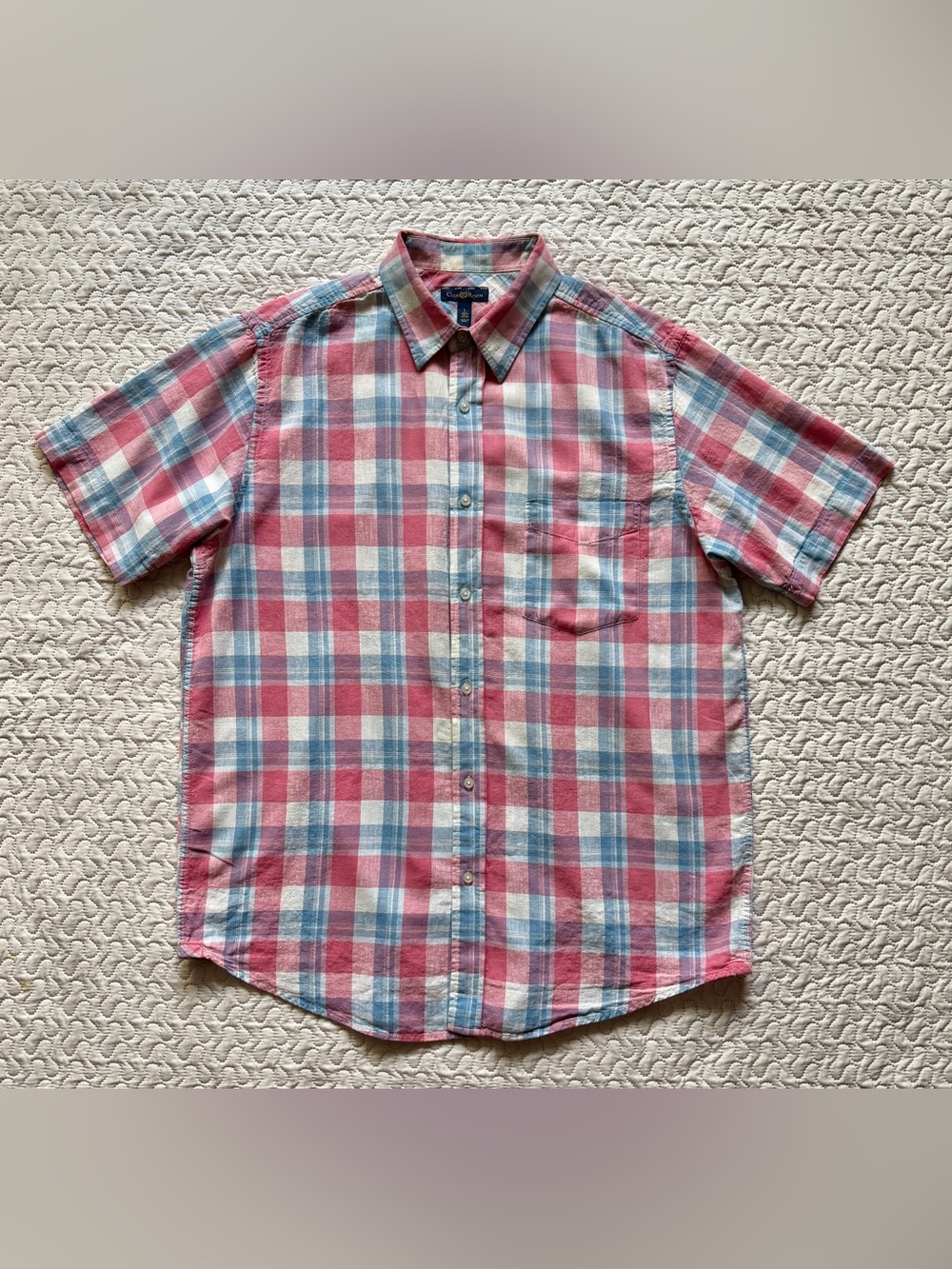 Club Room Men’s Large Linen Cotton Plaid Short Sleeve Button-Up Shirt Pink Blue